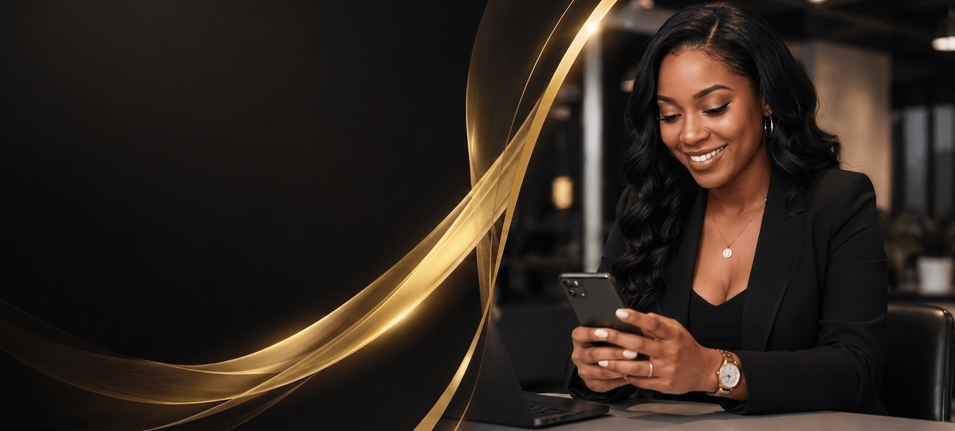 Finyx advisor smiling while checking her phone at her desk